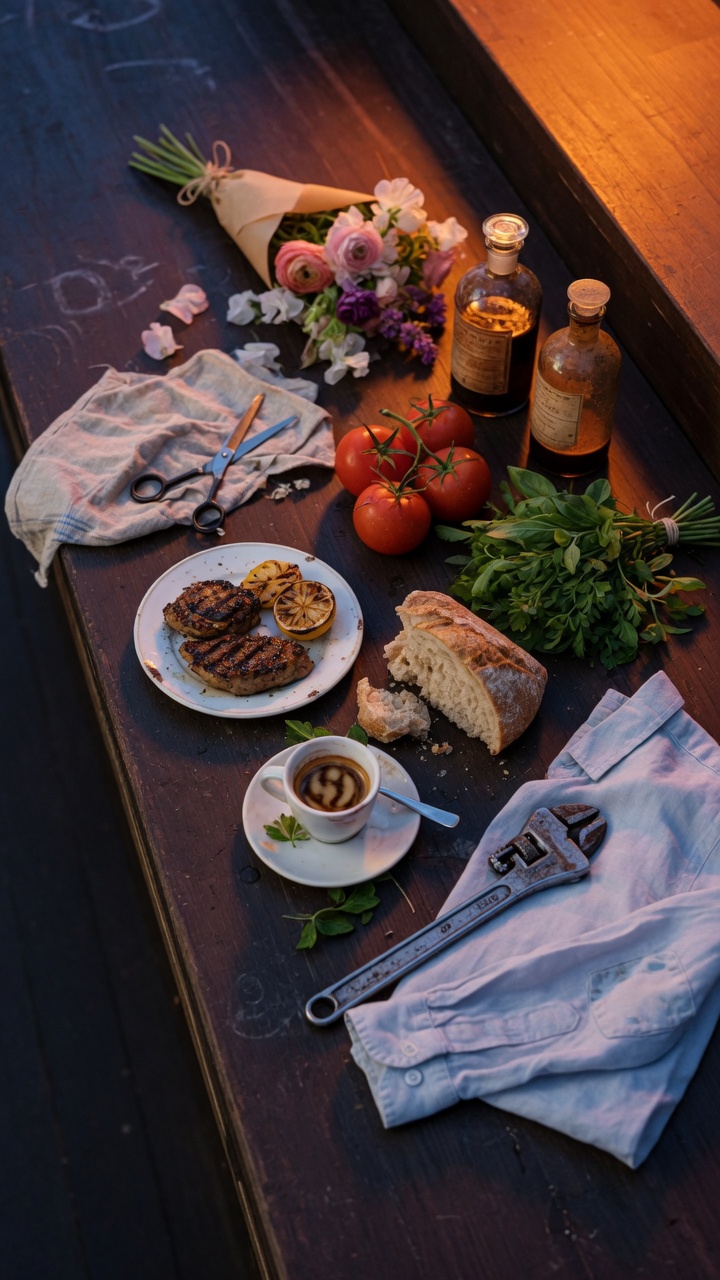 Marketplace spread: food, bakery, coffee, grocery, flowers, pharmacy, clothing, salon tools, and trades